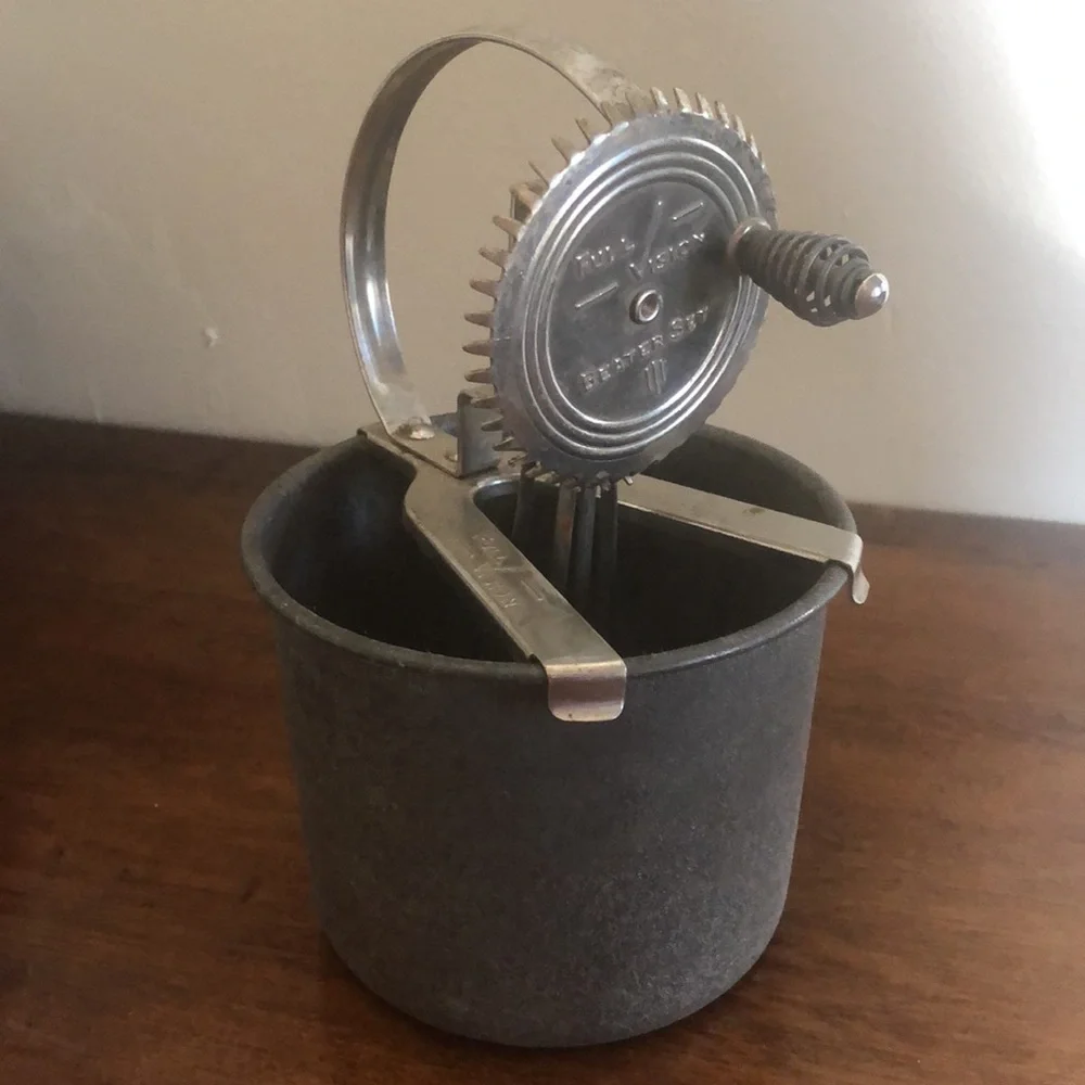 Antique Vintage Tin Metal Full Vision Egg Beater Mixer Set with Bowl Complete
